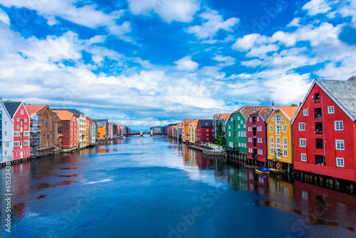 Beautiful view of the colorful wooden buildings of Trondheim Canal, Norway