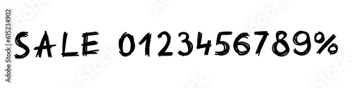 Hand made any percent off sale black ink brush discount special offer lettering. Vector design illustration in cartoon doodle style isolated on white background. Banner, coupon, promo, seasonal sale.