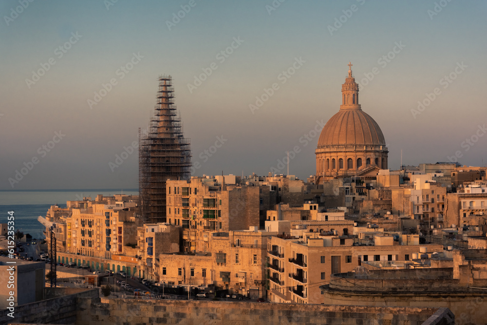 Beautiful sunset cityscape of Valletta old town in  Malta