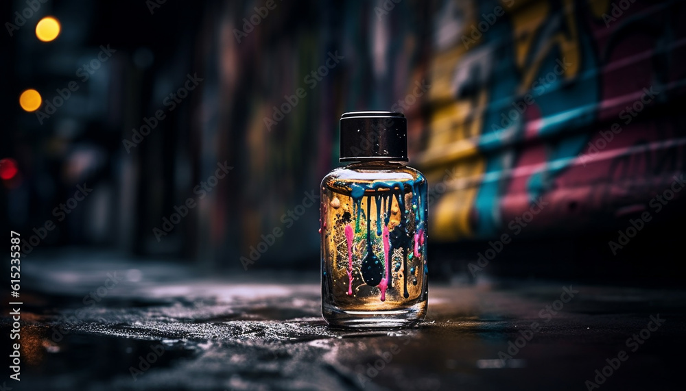 Aromatherapy perfume bottle on wood table, reflecting multi colored backgrounds generated by AI Aromatherapy perfume bottle on wood table, reflecting multi colored backgrounds generated by AI
