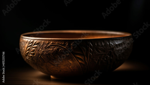 An antique terracotta bowl with ornate copper handle, rustic design generated by AI