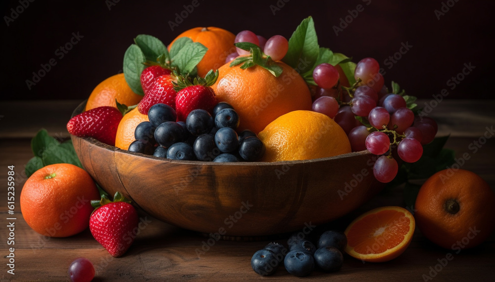 A colorful fruit bowl, full of juicy, fresh, healthy snacks generated by AI