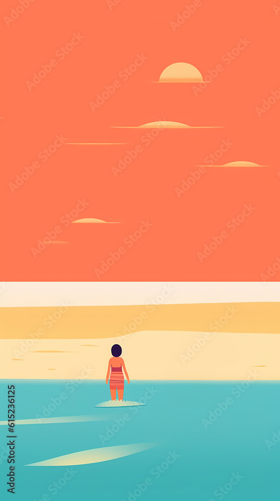 Beautiful minimalistic and colorful flat illustration of a person relaxing on a beach