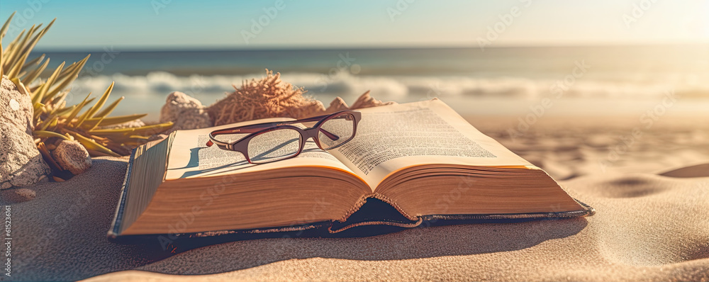 Book on the beach. Relaxation and well-being by the sea. generative ai Book on the beach. Relaxation and well-being by the sea. generative ai