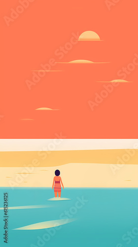 Beautiful minimalistic and colorful flat illustration of a person relaxing on a beach
