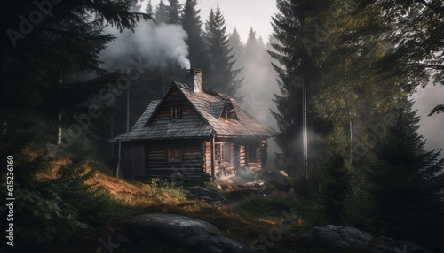 Tranquil scene of an old log cabin in the mountain forest generated by AI