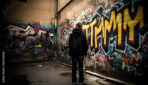 A young adult in hooded shirt spraying graffiti on wall generated by AI