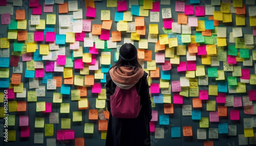 Fototapeta Naklejka Na Ścianę i Meble -  Businesswoman brainstorming ideas with sticky notes in multi colored office space generated by AI