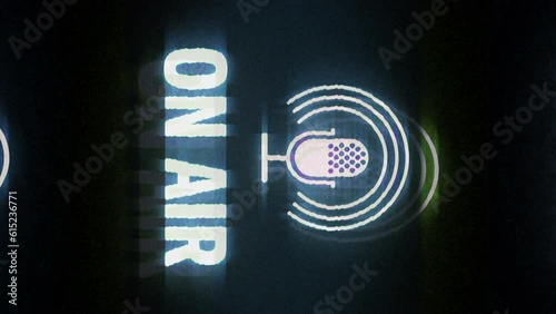 Vertical video: On Air symbol light flashing on screen. Radio live studio and podcast microphone icon on display. Loopable and seamless abstract concept with noise and modern glitch.