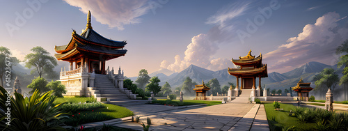 Panoramic temple landscape with scenic park and sky clouds