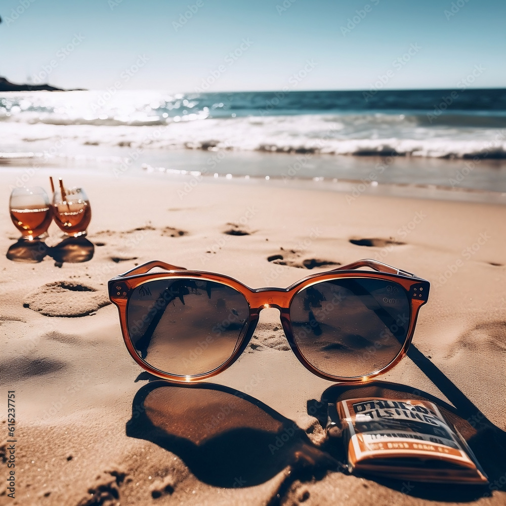High Quality Sunglasses, Sunny Summer Beach Background, AI-Generated Image	