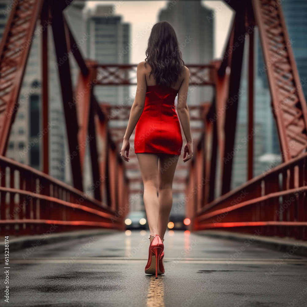 Woman in red high heels walking on a bridge with cars