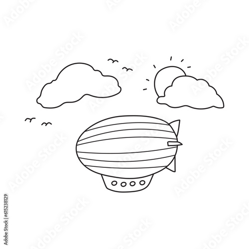 Hand drawn illustration vector graphic Kids drawing style funny green zeppelin flying in the sky in a cartoon style