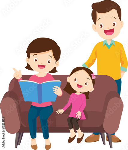 cute family sitting on sofa reading a book together