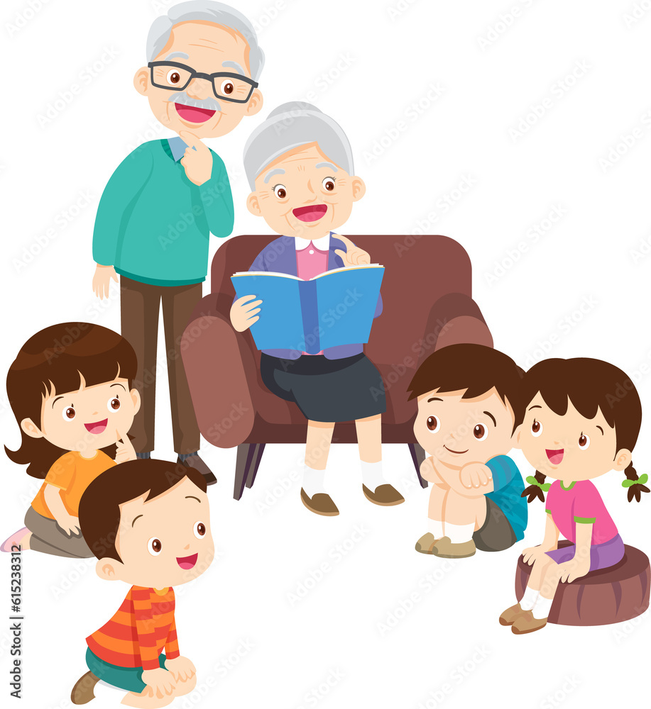 cute family sitting on sofa reading a book together