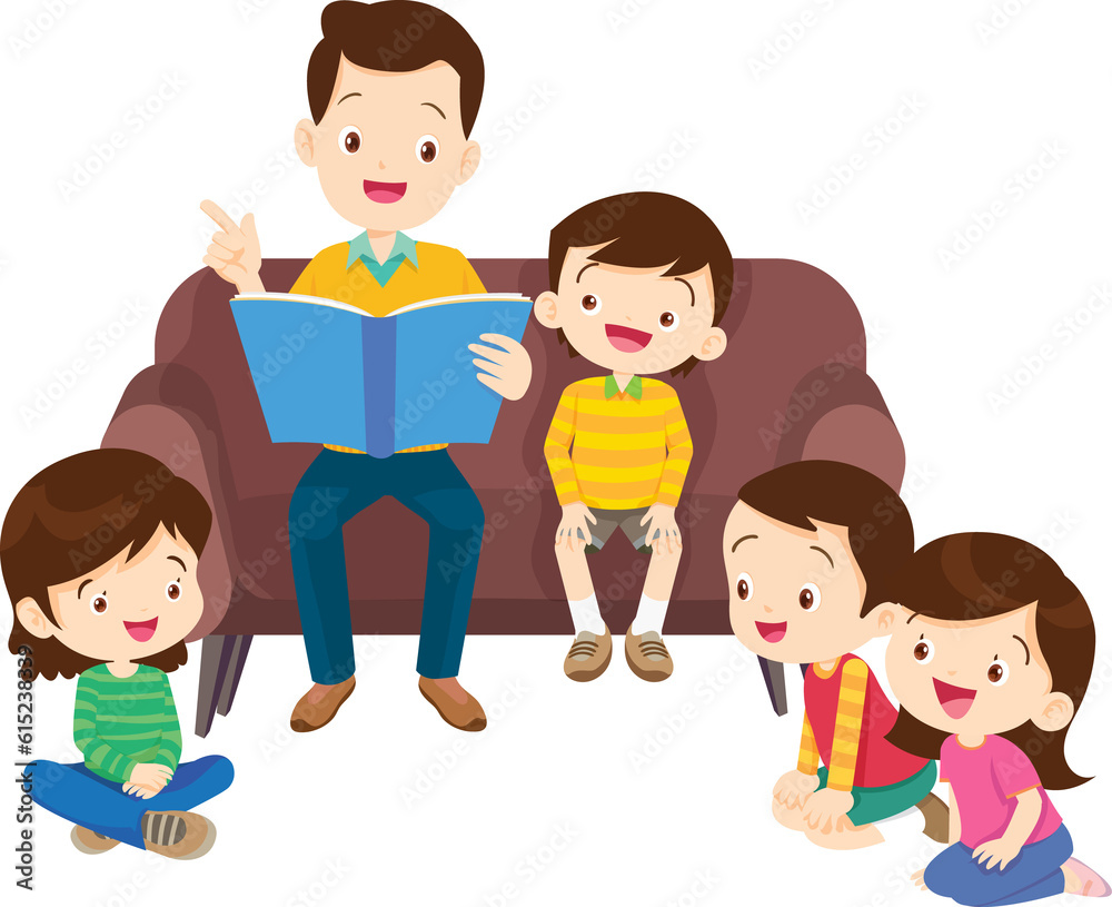cute family sitting on sofa reading a book together cute family sitting on sofa reading a book together