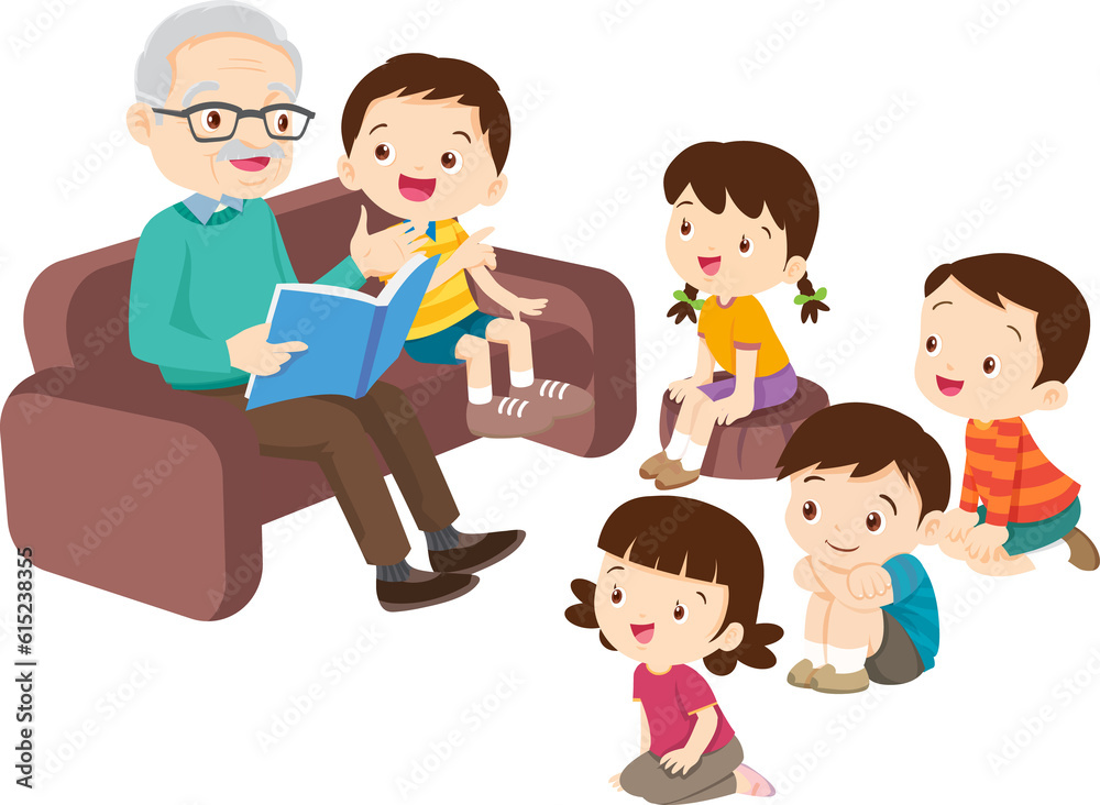 cute family sitting on sofa reading a book together