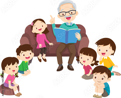 cute family sitting on sofa reading a book together