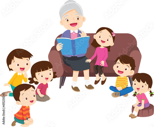 cute family sitting on sofa reading a book together