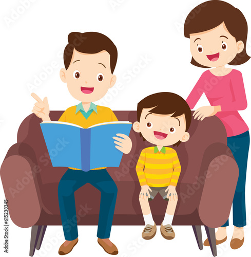 cute family sitting on sofa reading a book together