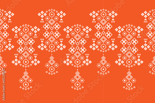 Ethnic geometric fabric pattern Cross Stitch.Ikat embroidery Ethnic oriental Pixel pattern orange background. Abstract,vector,illustration. Texture,clothing,frame,decoration,motifs,silk wallpaper.