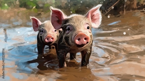 Adorable piglets in a mud puddle . Fantasy concept , Illustration painting. © X-Poser