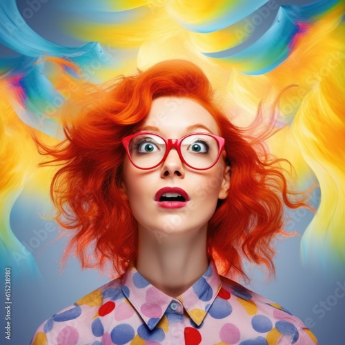 Beautiful young woman with red hairstyle and glasses. AI generative art