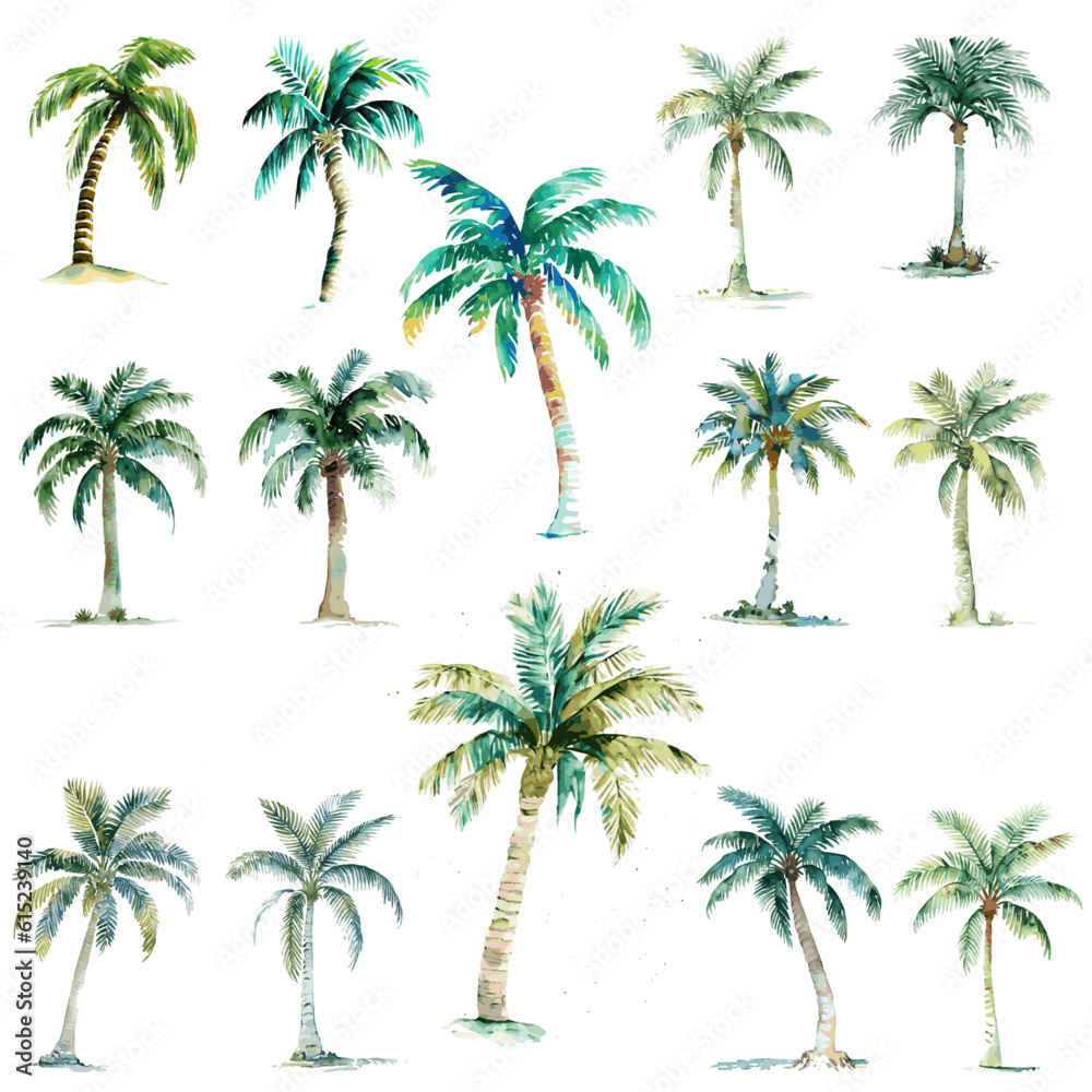 14 Palmen Bäume Aquarell Zeichnungen Vektor Transparent Freigestellt | Palm Trees Watercolor Drawing Vector Isolated