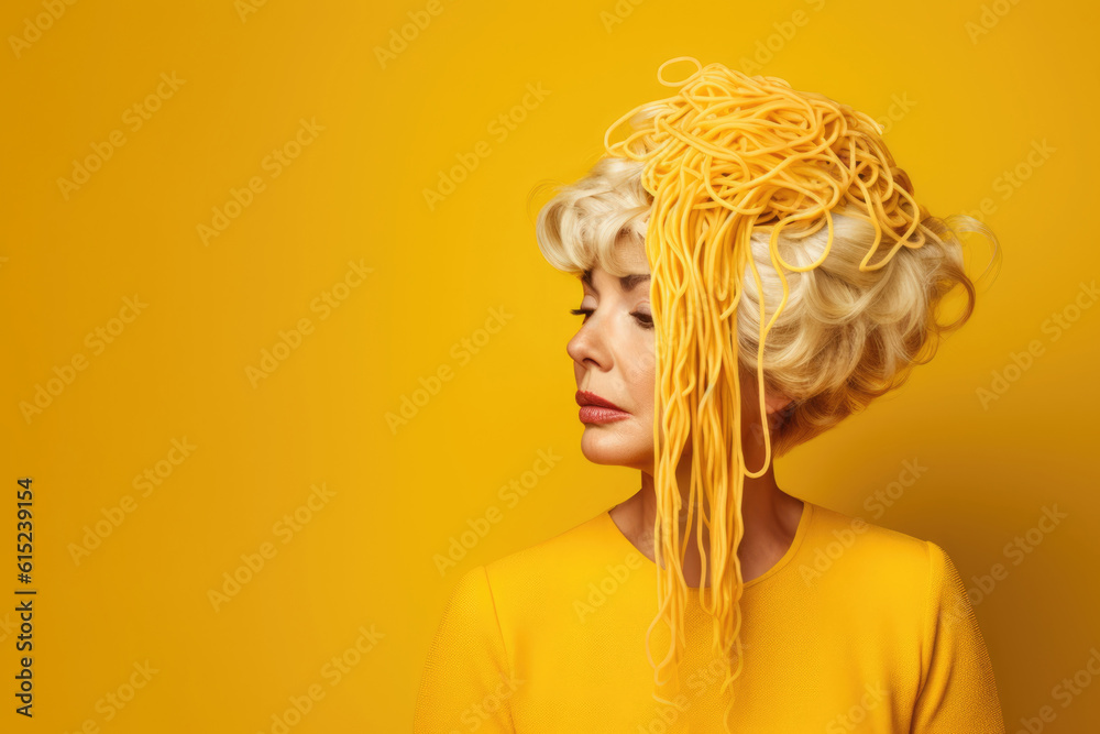 Beautiful senior woman with spaghetti on the head. AI generative art