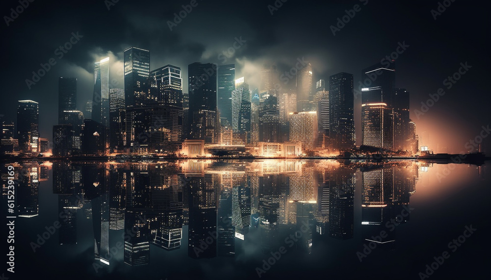 Modern skyscrapers illuminate the waterfront skyline at dusk in Lujiazui generated by AI