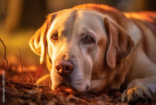 Un chien Labrador est couché sur le côté dans la forêt, dans le style des traits faciaux distincts, or clair et ambre clair, intensité du gros plan, photo