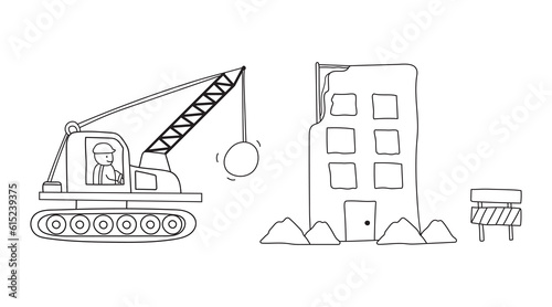 Hand drawn Kids drawing vector Illustration of construction site with demolition truck and wrecked building in a cartoon style