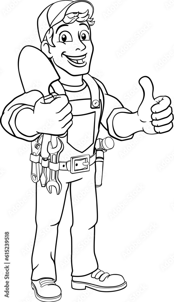 A gardener, handyman or farmer cartoon caretaker contractor man holding a garden spade tool. Giving a thumbs up