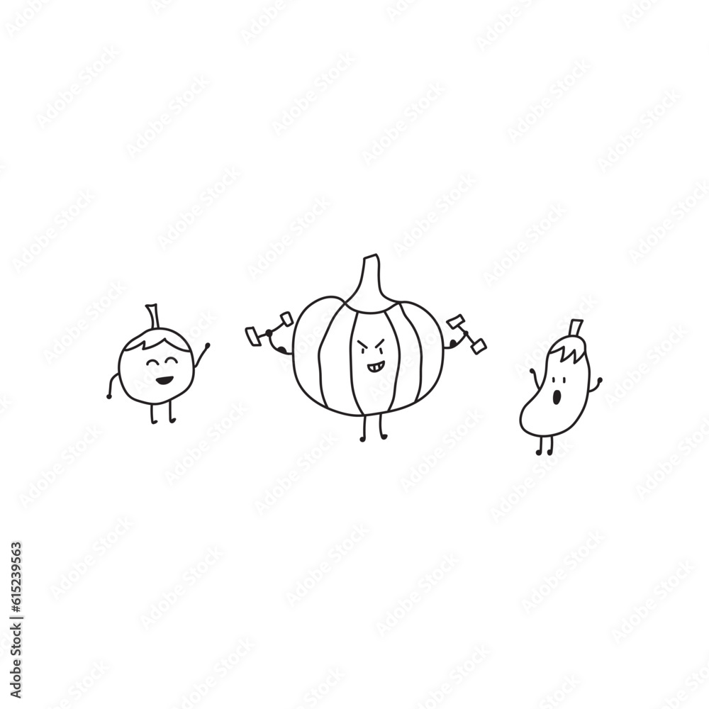 Obraz premium Kids drawing style funny vegetables workout isolates in a cartoon style 