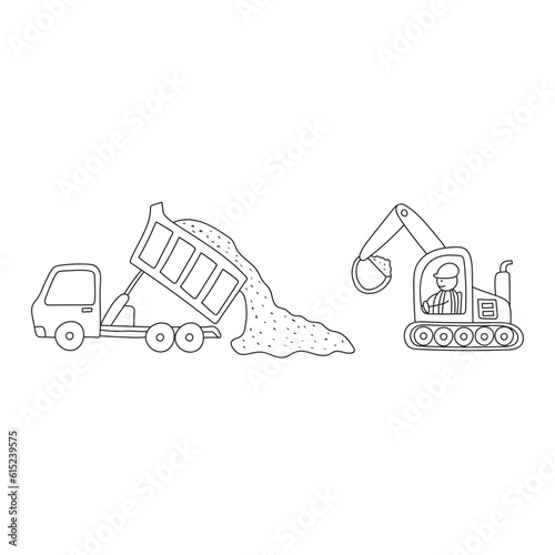Hand drawn Vector Illustration kids drawing of construction vehicles, dump truck unloading gravels and excavator dredging them. Construction site workplace in a cartoon style