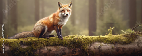 An adult fox on an old tree in a dense forest.generative ai © Michal