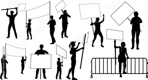 Protestors or demonstrators men and women. At a demonstration march, picketing line or strike protest rally in silhouette. Holding banners, picket signs and megaphone or mega phone.