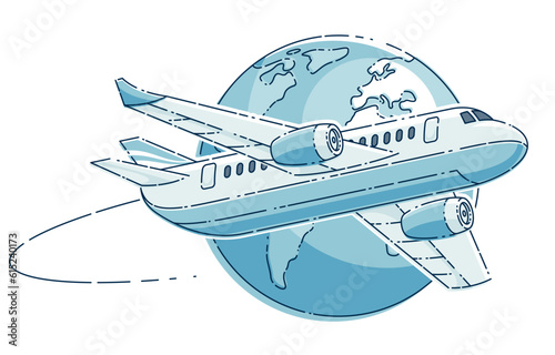 Plane airliner with earth planet, airlines air travel emblem or illustration. Beautiful thin line vector isolated over white background.