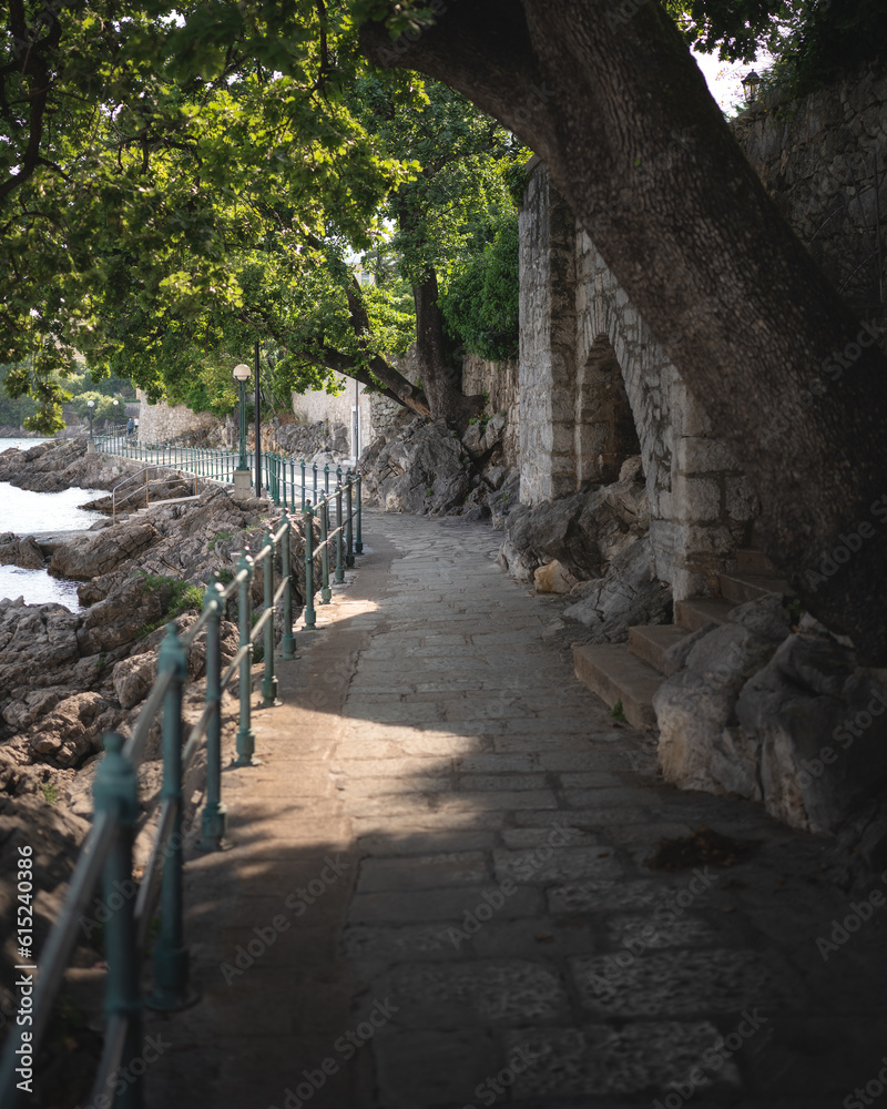 Promenade in Volosko, Croatia with bench