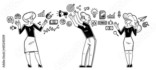 Marketing theme vector outline illustration, marketers team analyzing and creating plan and strategy, advertising business teamwork concept, reach a goal success.