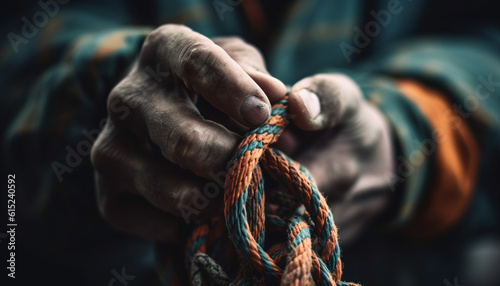 One man, tied up, holding rope, climbing mountain, extreme adventure generated by AI