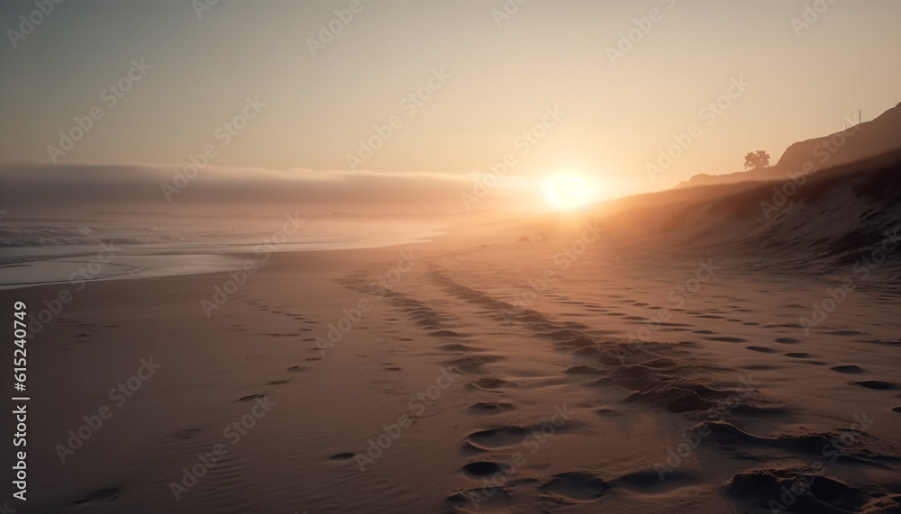 A tranquil sunrise over the idyllic tropical sand dunes generated by AI