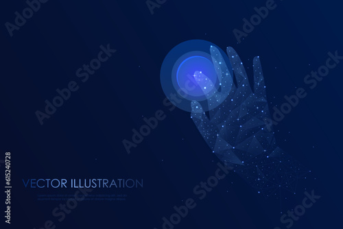 Human hand presses the touch button. Hand touch selection. Digital polygonal wireframe with dots, lines and shapes. Vector illustration EPS10