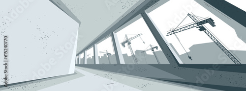 Construction vector illustration, unfinished building interior in progress and cranes beyond the window builds skyscrapers, rising city, industry.