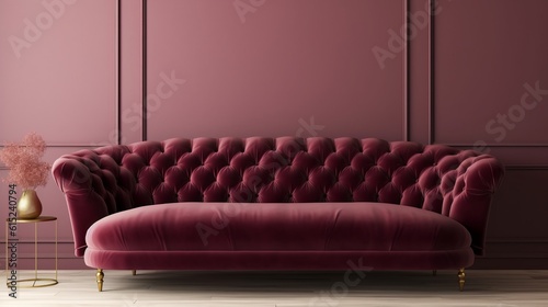Maroon tufted sofa empty wall created with Generative AI Technology, ai, generative