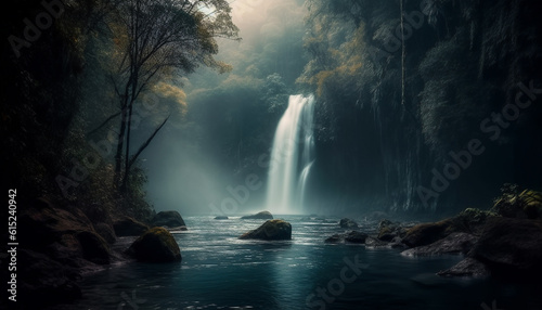 Tranquil scene Majestic waterfall flows through tropical rainforest, reflecting natural beauty generated by AI