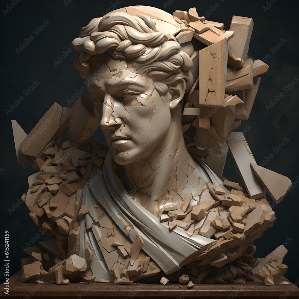 Ancient Greek statue's broken head falling into pieces an AI generated