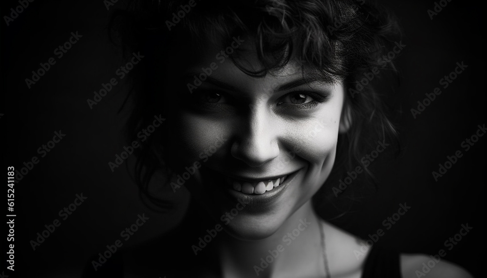 Beautiful young woman with a toothy smile, exuding confidence indoors generated by AI