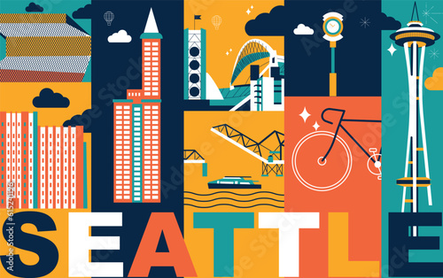 Seattle culture travel set, American famous architectures, USA in flat design. Business travel and tourism concept clipart. Image for presentation, banner, website, advert, flyer, roadmap, icons