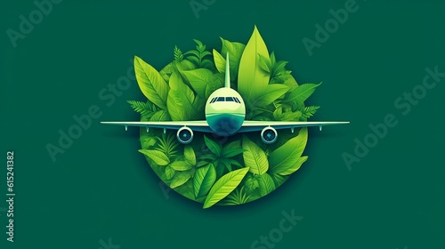 Concept of Sustainable Aviation. Airplane on the green leaf background photo